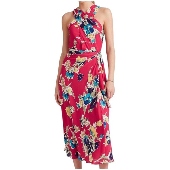 Lauren Ralph Lauren NWT $165  Pink Floral Midi Dress, Halter Women's Size 14 - Picture 1 of 12